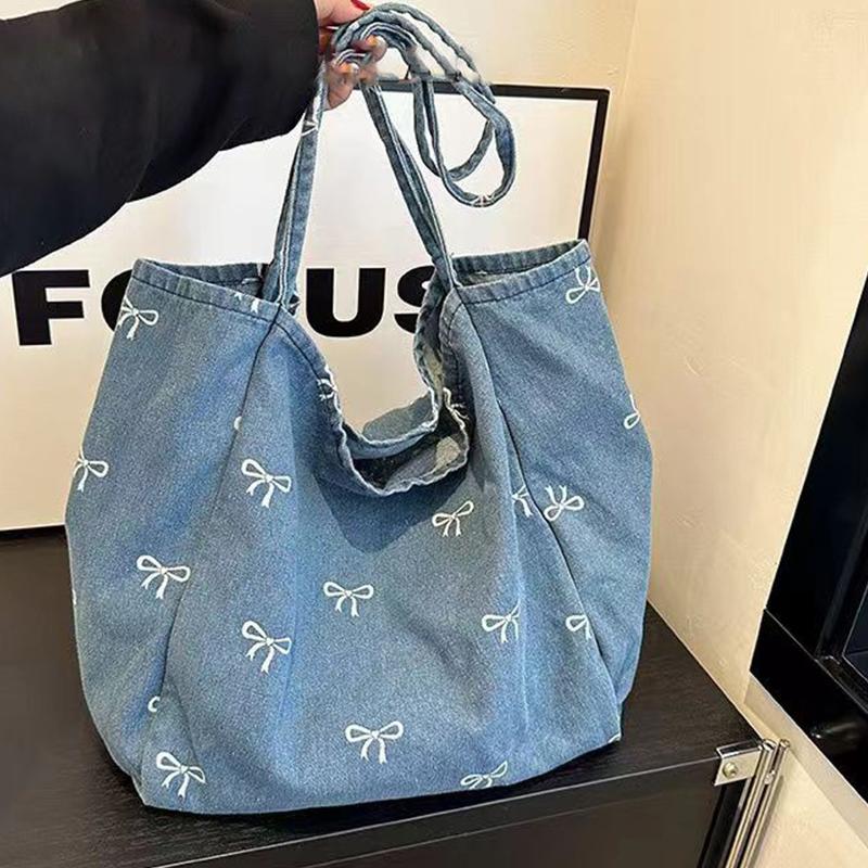 Women Bags Jeans - 여성용 리본 장식 데님 캔버스 토트백