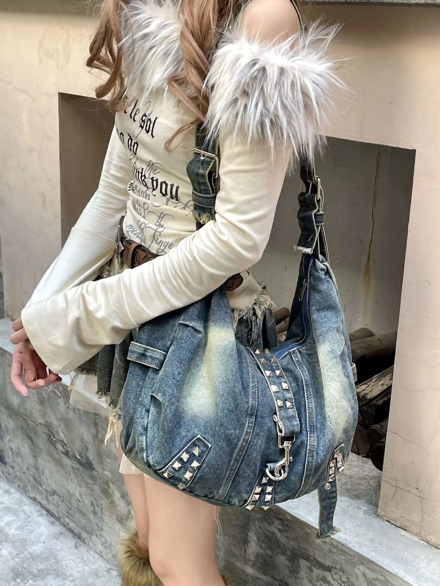Women Bags Jeans - 워시드 데님 리벳 숄더백 여성용 핸드백