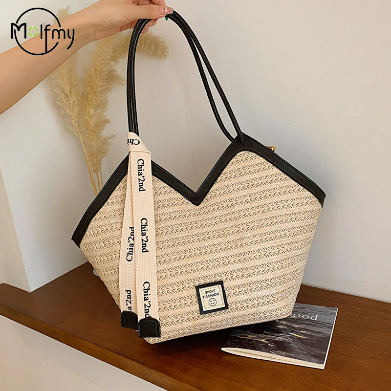 Woven Straw Bag - 숙녀 비치 가방 빈티지 수제 짠