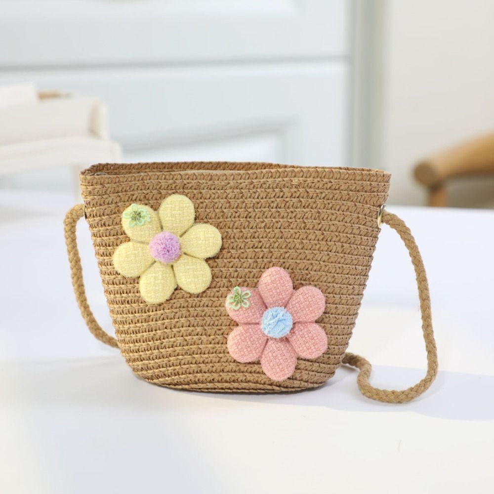 Woven Straw Bag - 수제 직조 소녀용 꽃무늬 밀짚 가방