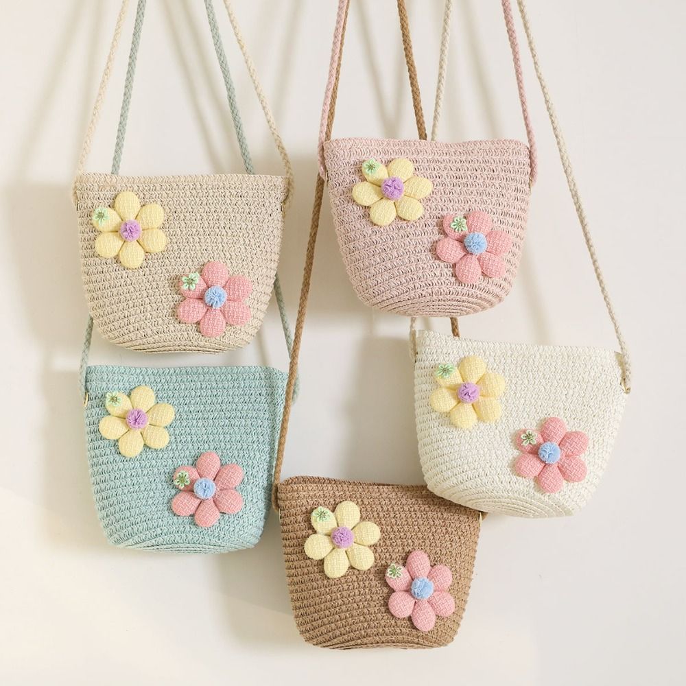 Woven Straw Bag - 수제 직조 소녀 꽃무늬 밀짚 가방