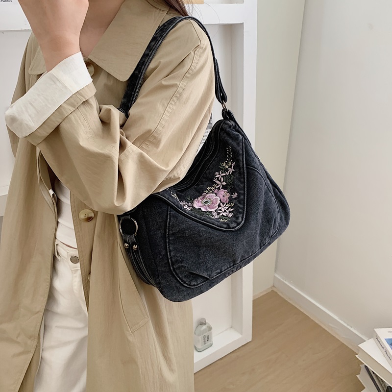 빈티지 데님 크로스바디 숄더백, 달콤한 플로럴 자수 호 - Women Bags Jeans 리뷰 및 가격