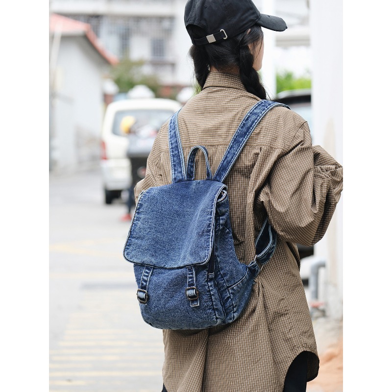빈티지 데님 백팩 여성용 캐주얼 플랩 포켓 배낭 벨트  - Women Bags Jeans 리뷰 및 가격